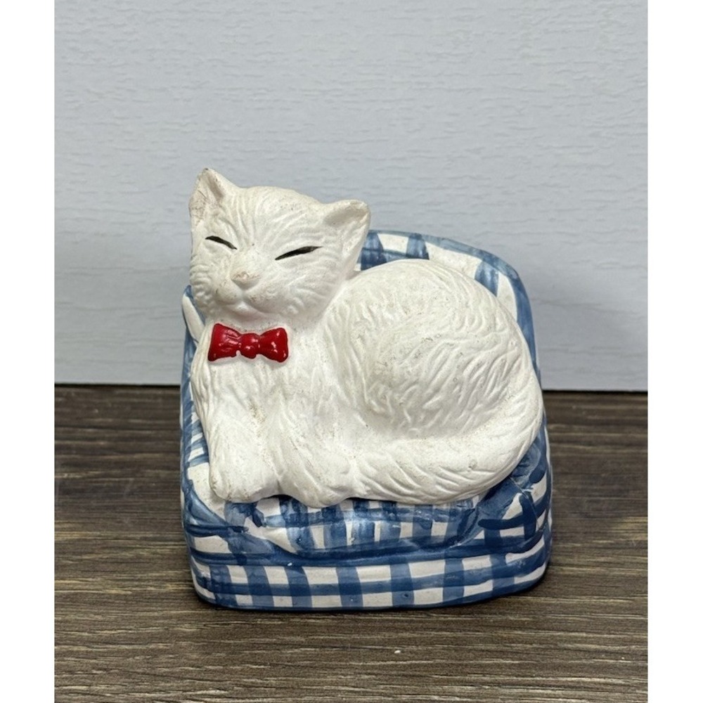 Vintage Ceramic Cat on Chair Salt & Pepper Shakers Blue Gingham Set